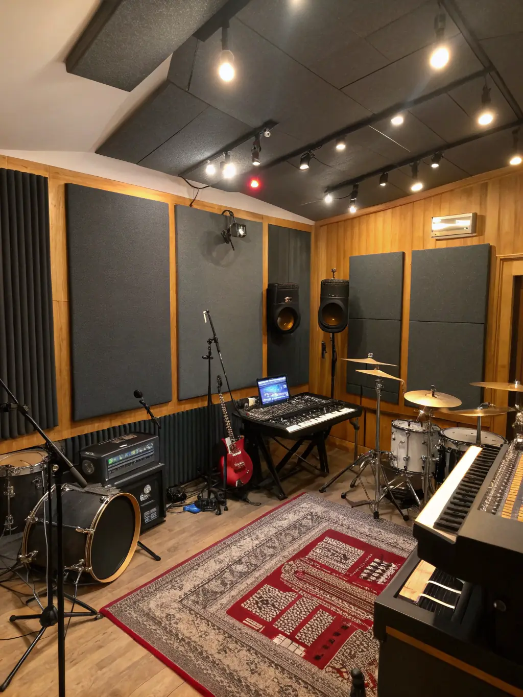 A photo showcasing musicians recording in a professional studio setting, supported by ASSOCIATION LA PETITE FABRIQUE MUSICALE's funding and equipment program.
