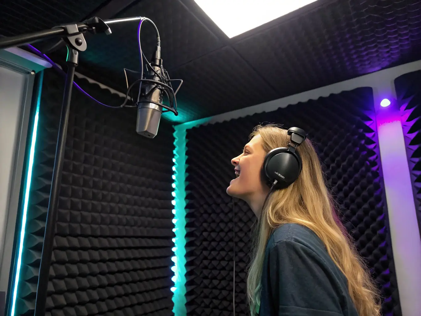 A recording session in a professional studio, featuring a musician laying down tracks with the support of experienced sound engineers and high-quality equipment.