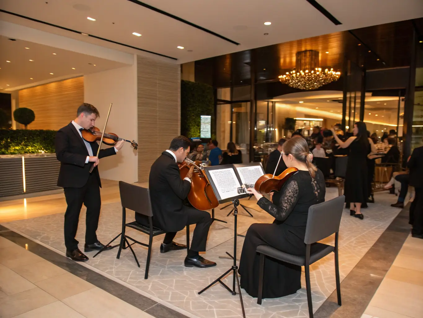 A string quartet performing on stage at a local concert, with focused expressions and elegant attire, showcasing the culmination of their training.
