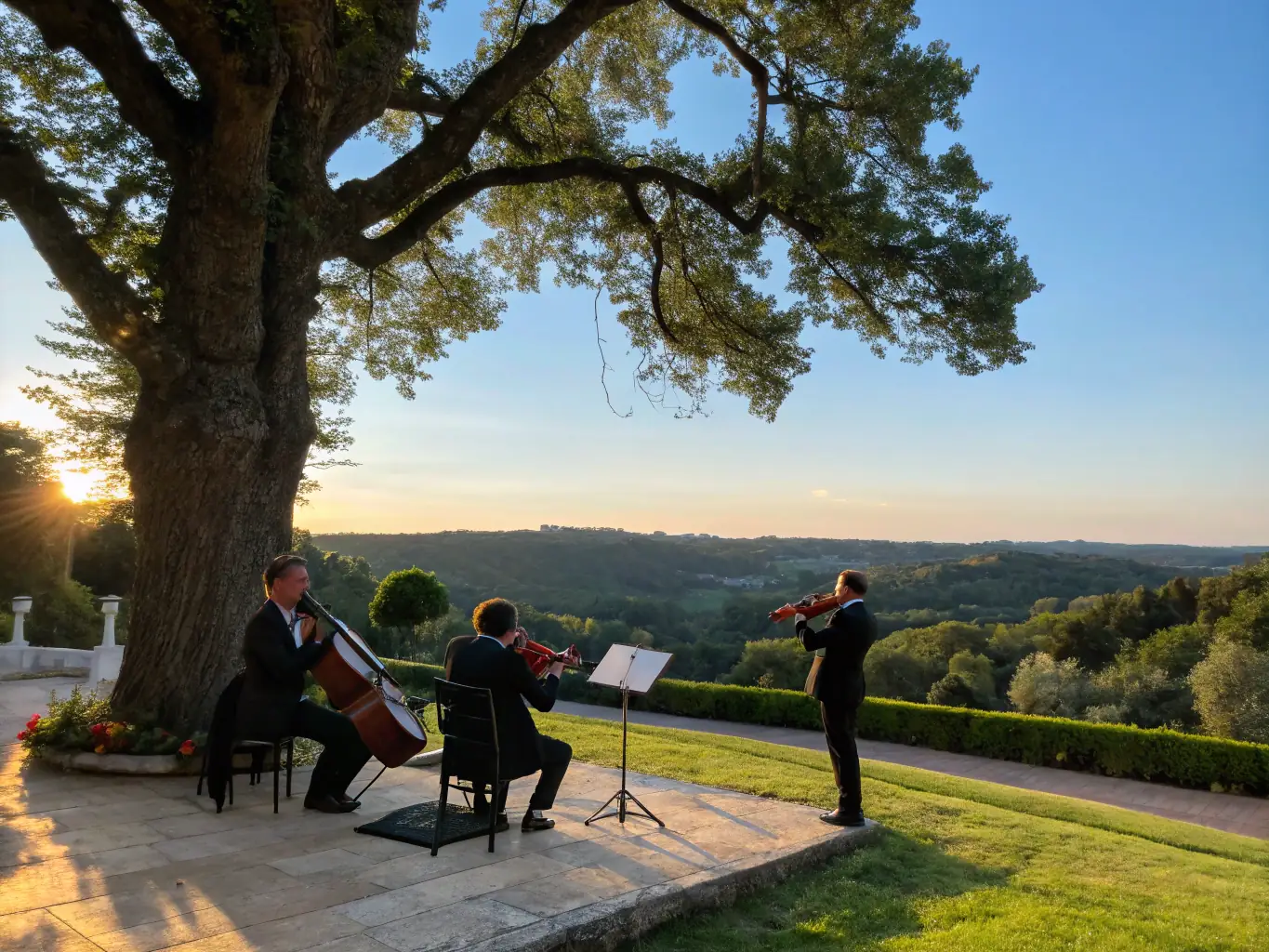 A vibrant image of a community orchestra performing outdoors, with people of all ages and backgrounds participating, highlighting the unifying power of music.