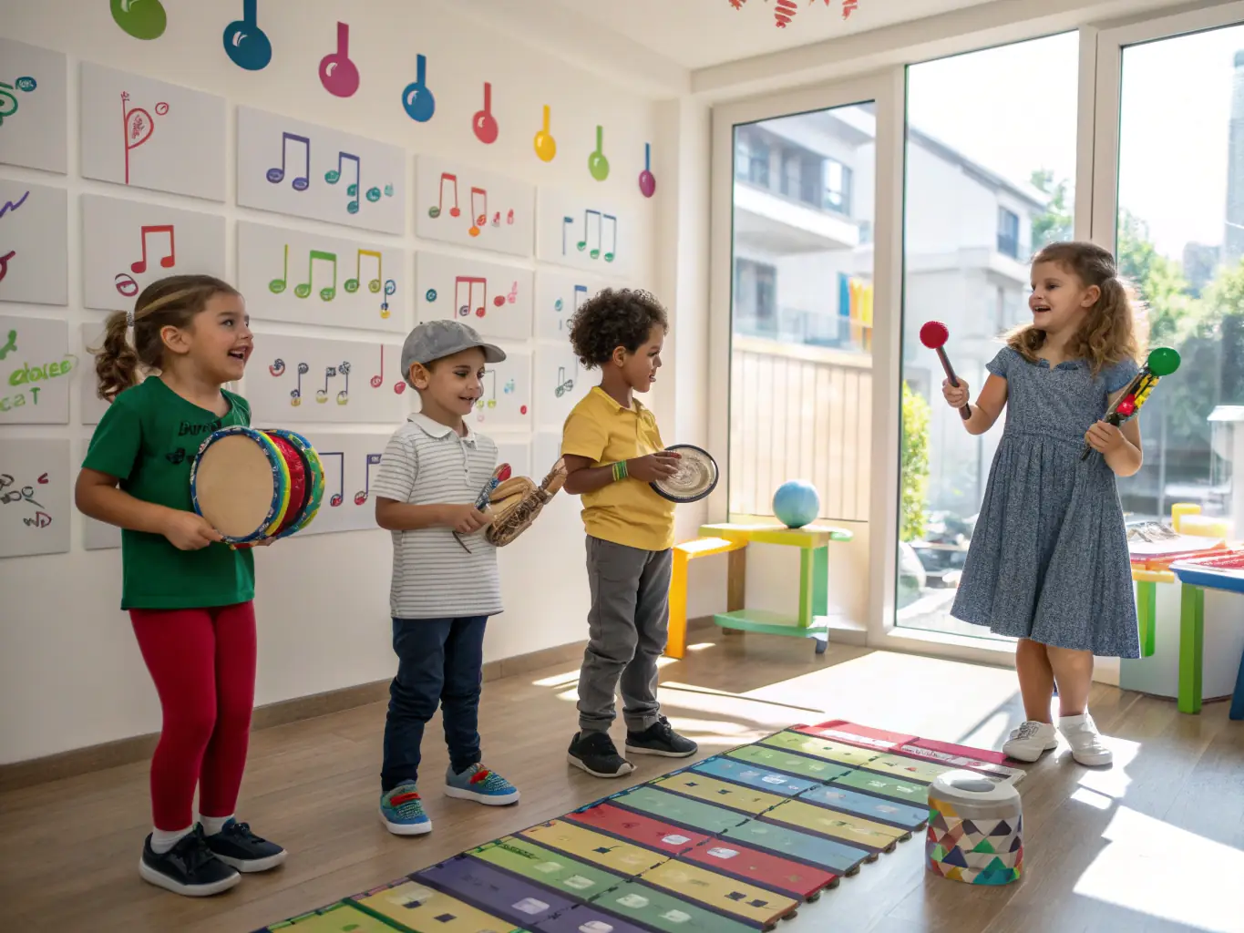 A group of children joyfully participating in a music workshop, playing various instruments and singing together, set in a bright and colorful classroom.