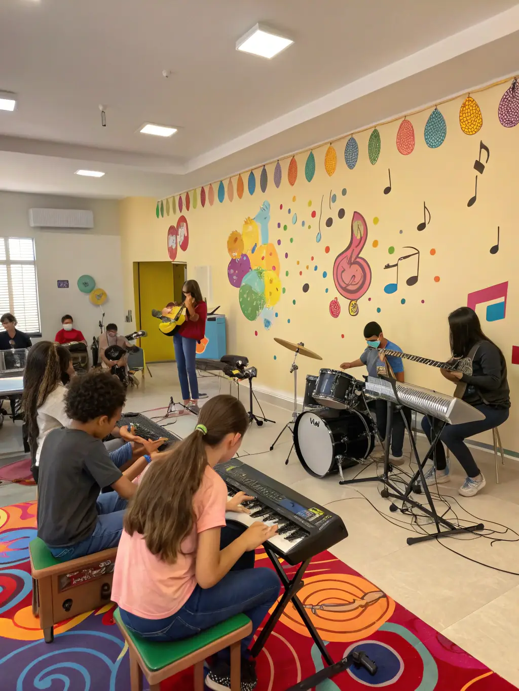 A vibrant image of children participating in a music workshop, learning to play various instruments with enthusiastic instructors at ASSOCIATION LA PETITE FABRIQUE MUSICALE.