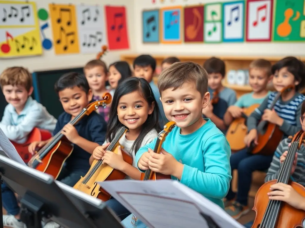 A group of diverse children joyfully playing musical instruments together in a bright and supportive classroom setting, showcasing the inclusive nature of music education.